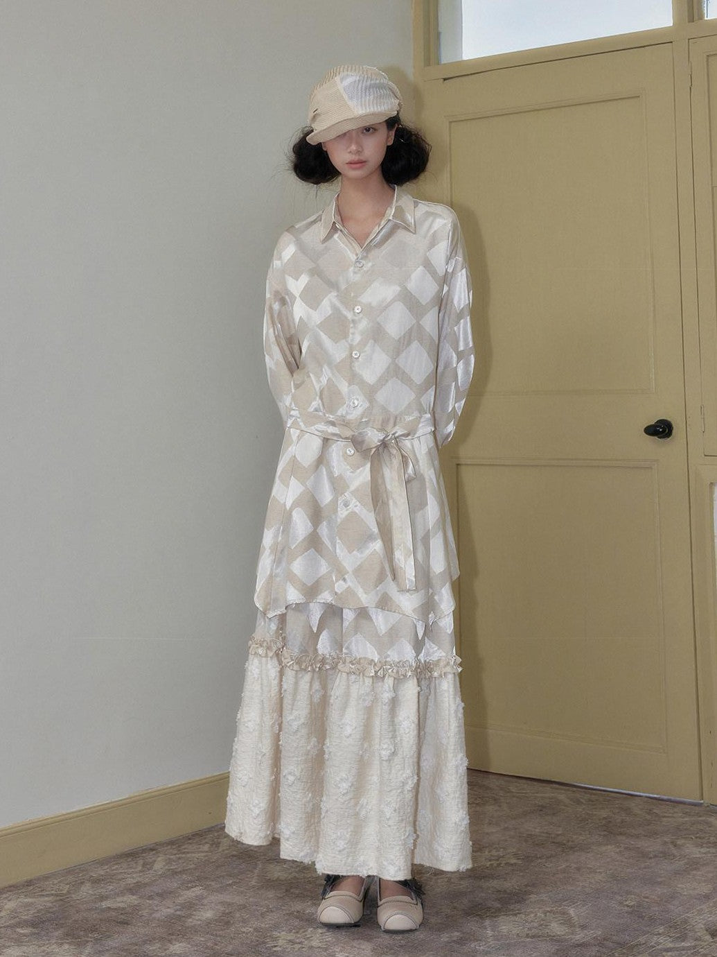 SENSELF Beige Lustrous Vintage Lace Ruffled Women's Cotton Linen Tiered Skirts