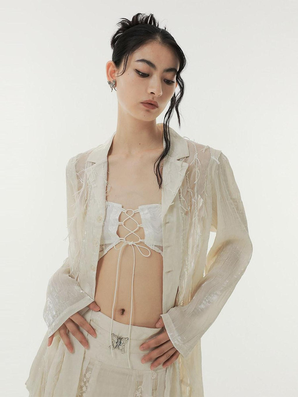SENSELF Beige Patchwork Deconstructed Semi Sheer Fringe Women's Shirt Jackets