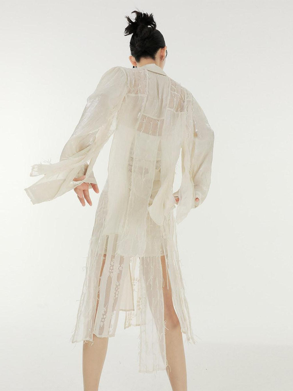 SENSELF Beige Patchwork Deconstructed Semi Sheer Fringe Women's Shirt Jackets