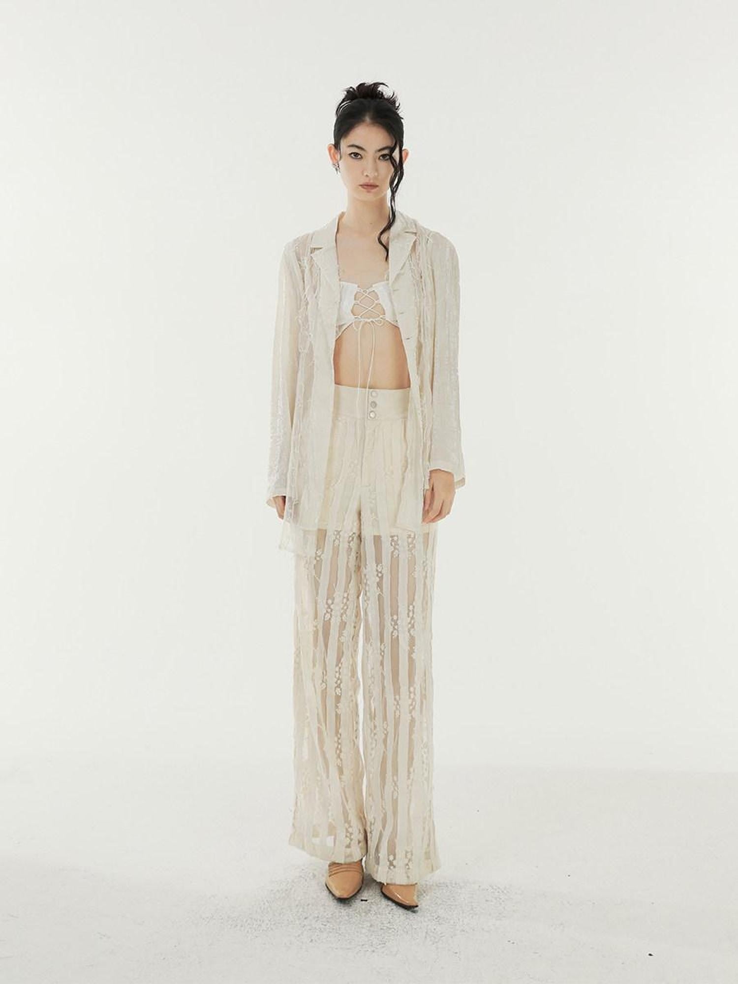 SENSELF Beige Patchwork Deconstructed Semi Sheer Fringe Women's Shirt Jackets