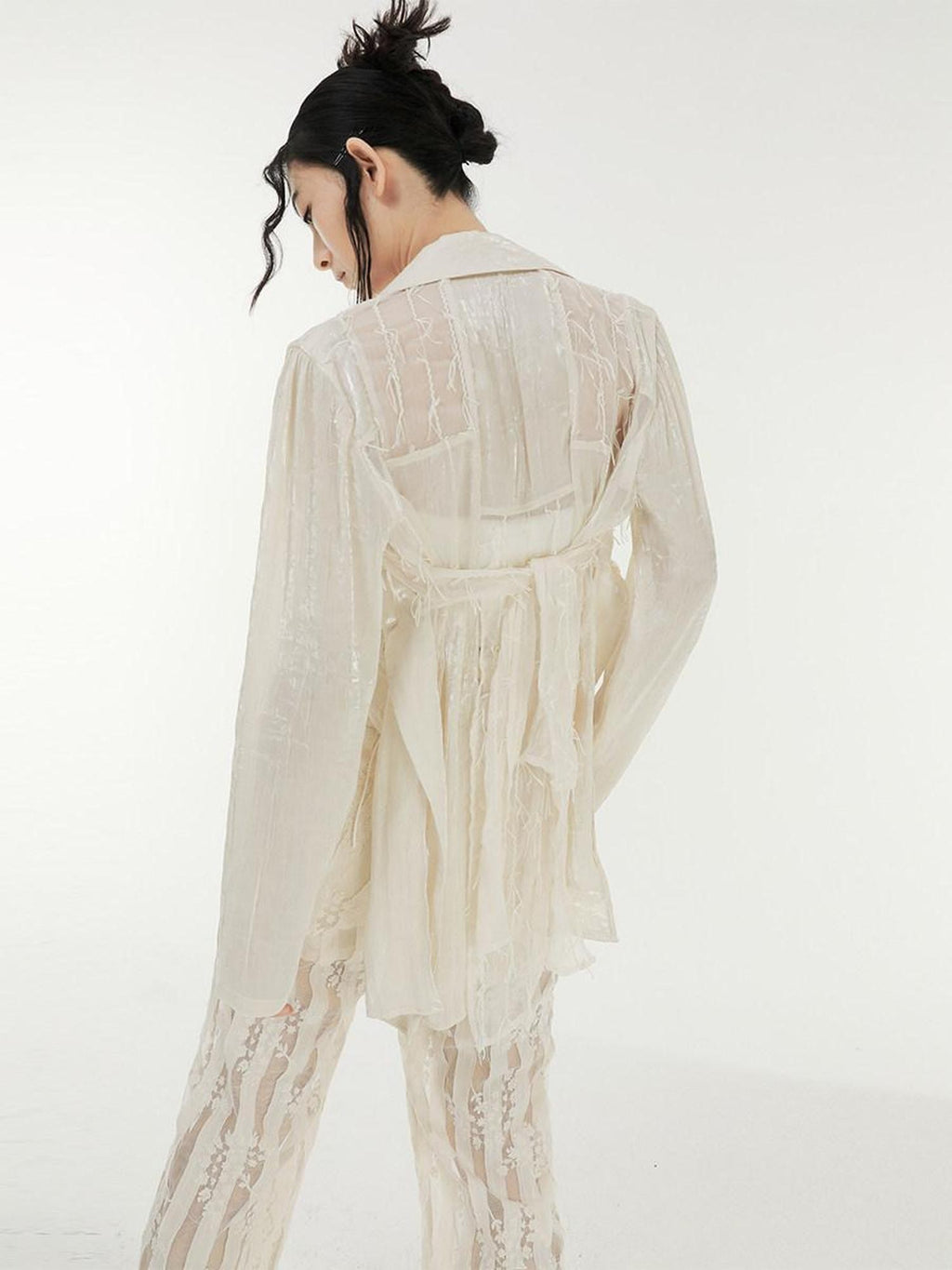 SENSELF Beige Patchwork Deconstructed Semi Sheer Fringe Women's Shirt Jackets