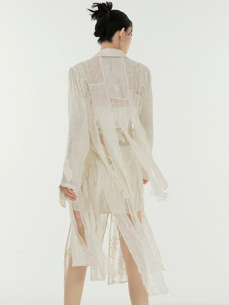 SENSELF Beige Patchwork Deconstructed Semi Sheer Fringe Women's Shirt Jackets