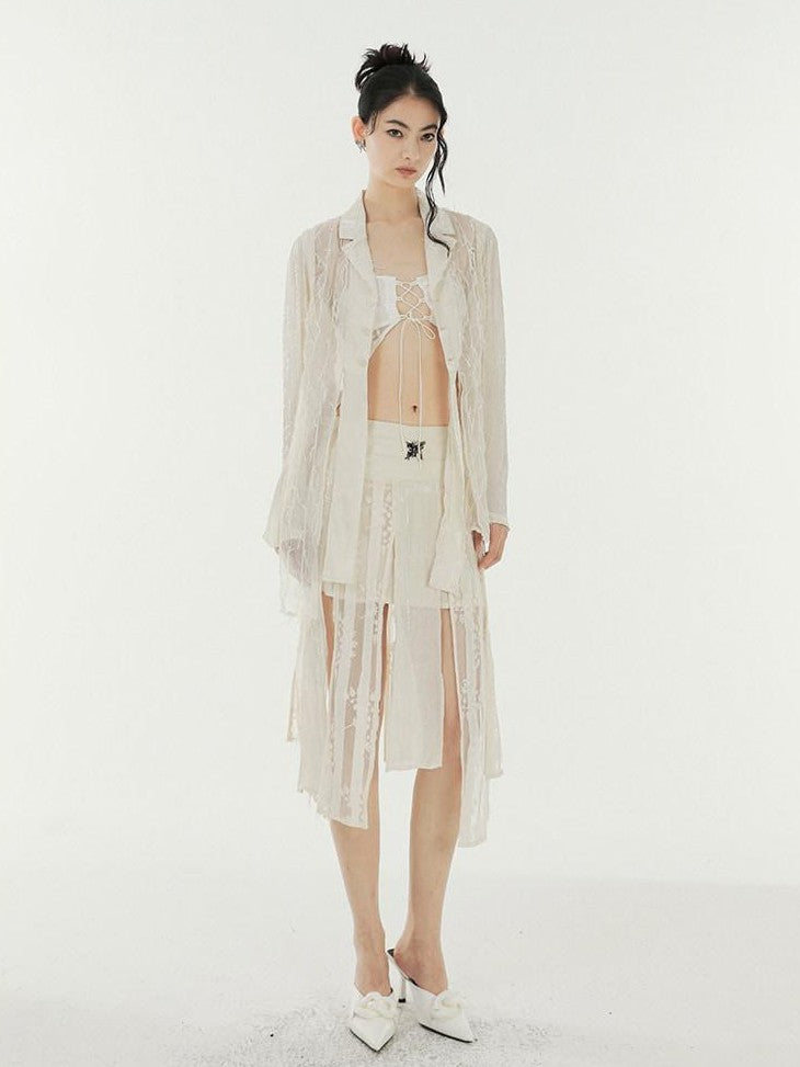 SENSELF Beige Patchwork Deconstructed Semi Sheer Fringe Women's Shirt Jackets