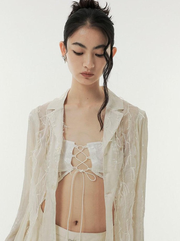SENSELF Beige Patchwork Deconstructed Semi Sheer Fringe Women's Shirt Jackets