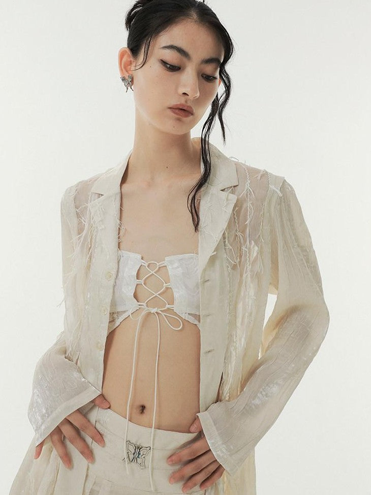 SENSELF Beige Patchwork Deconstructed Semi Sheer Fringe Women's Shirt Jackets