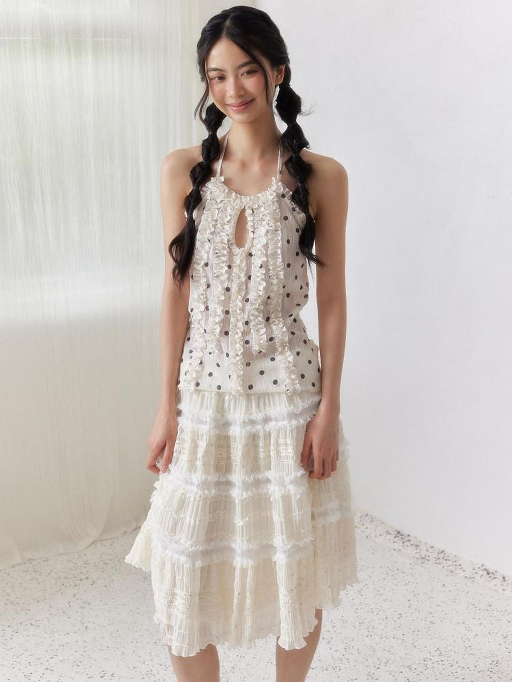 SENSELF Beige Sequin Lace Embroidered Pleated Women's Mixed Fabric A-line Skirts