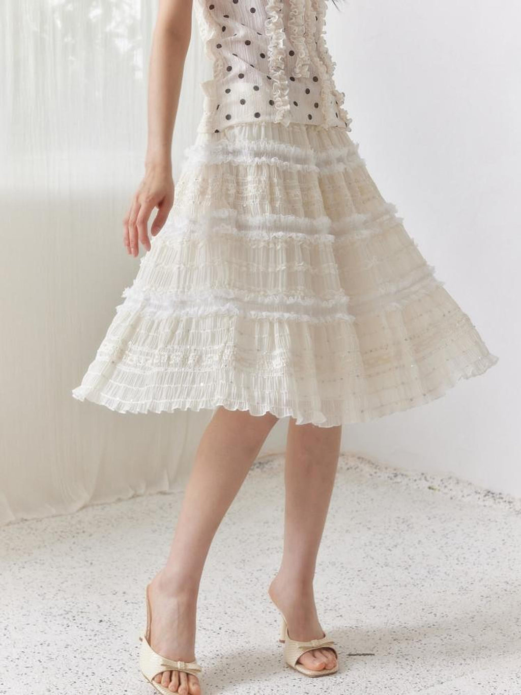 SENSELF Beige Sequin Lace Embroidered Pleated Women's Mixed Fabric A-line Skirts