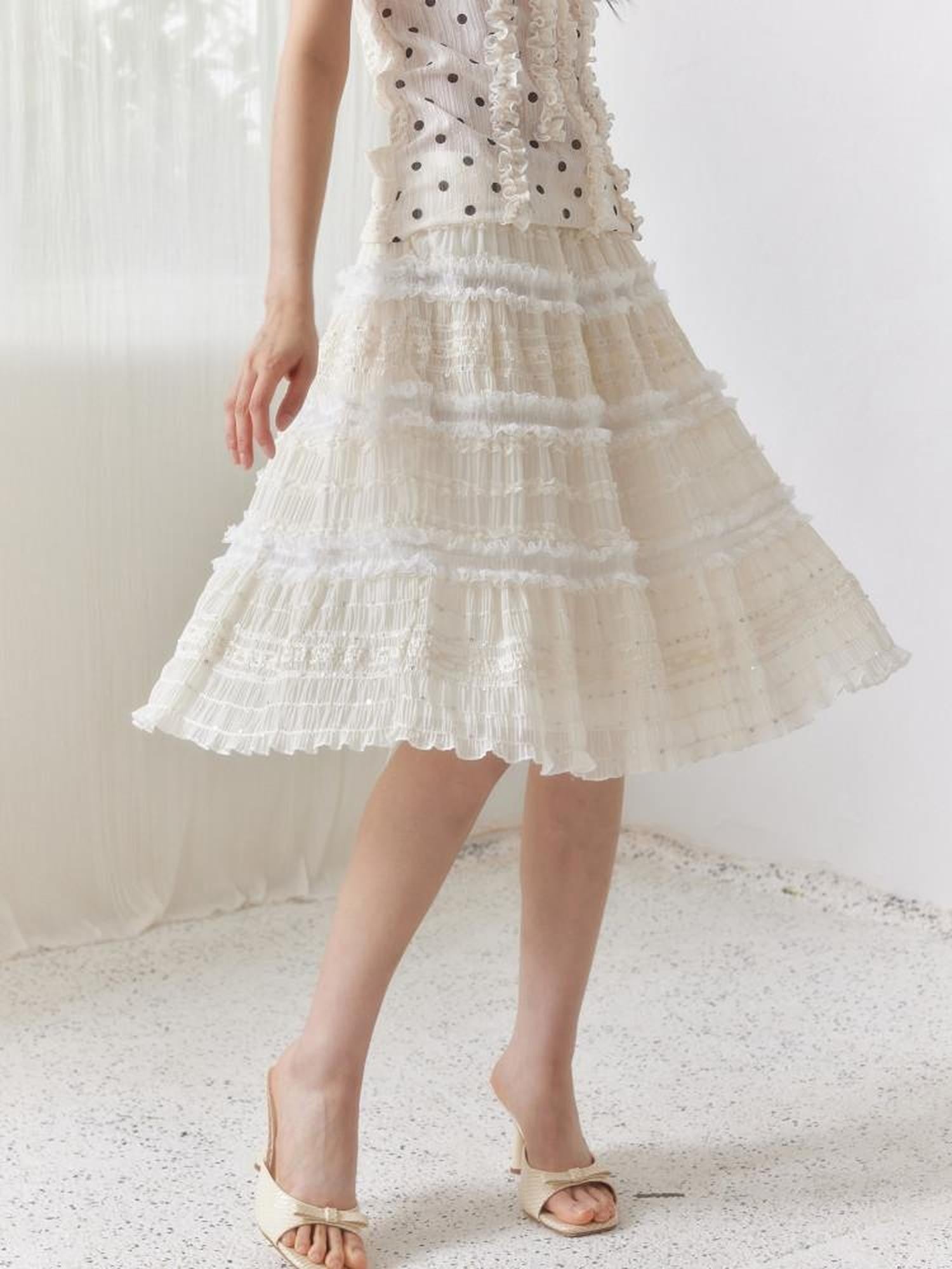 SENSELF Beige Sequin Lace Embroidered Pleated Women's Mixed Fabric A-line Skirts