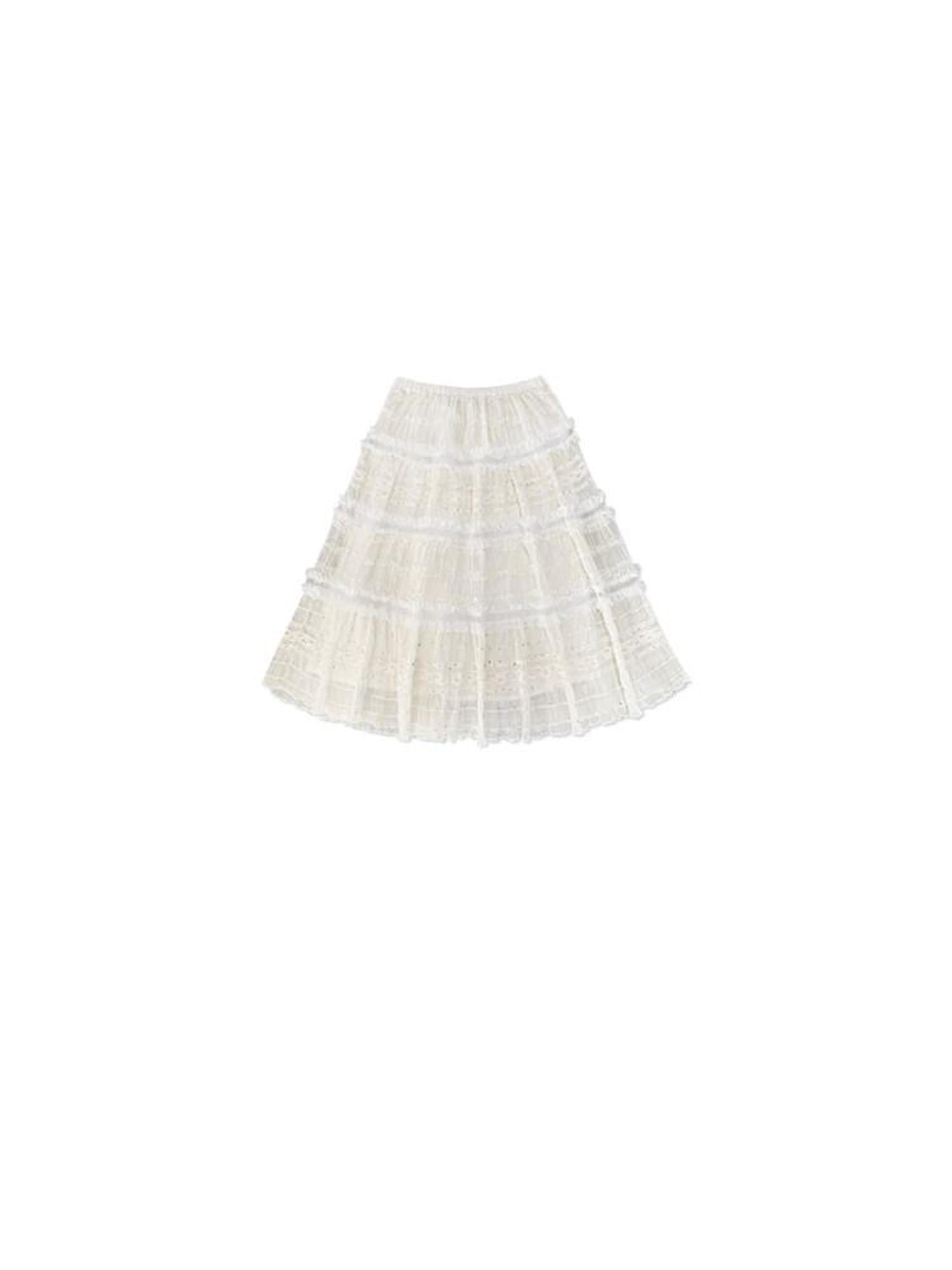 SENSELF Beige Sequin Lace Embroidered Pleated Women's Mixed Fabric A-line Skirts