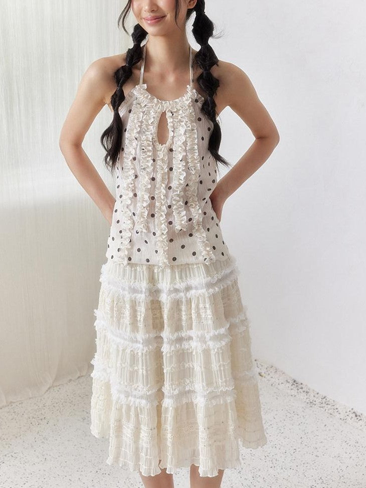SENSELF Beige Sequin Lace Embroidered Pleated Women's Mixed Fabric A-line Skirts