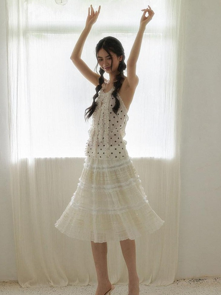 SENSELF Beige Sequin Lace Embroidered Pleated Women's Mixed Fabric A-line Skirts
