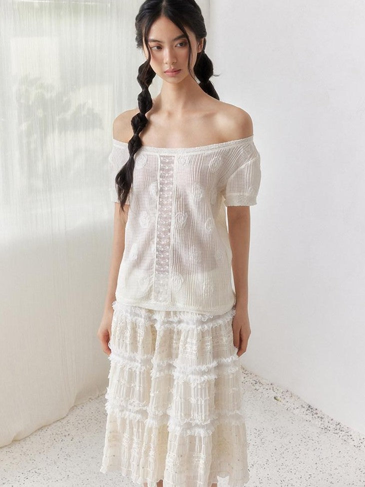 SENSELF Beige Sequin Lace Embroidered Pleated Women's Mixed Fabric A-line Skirts