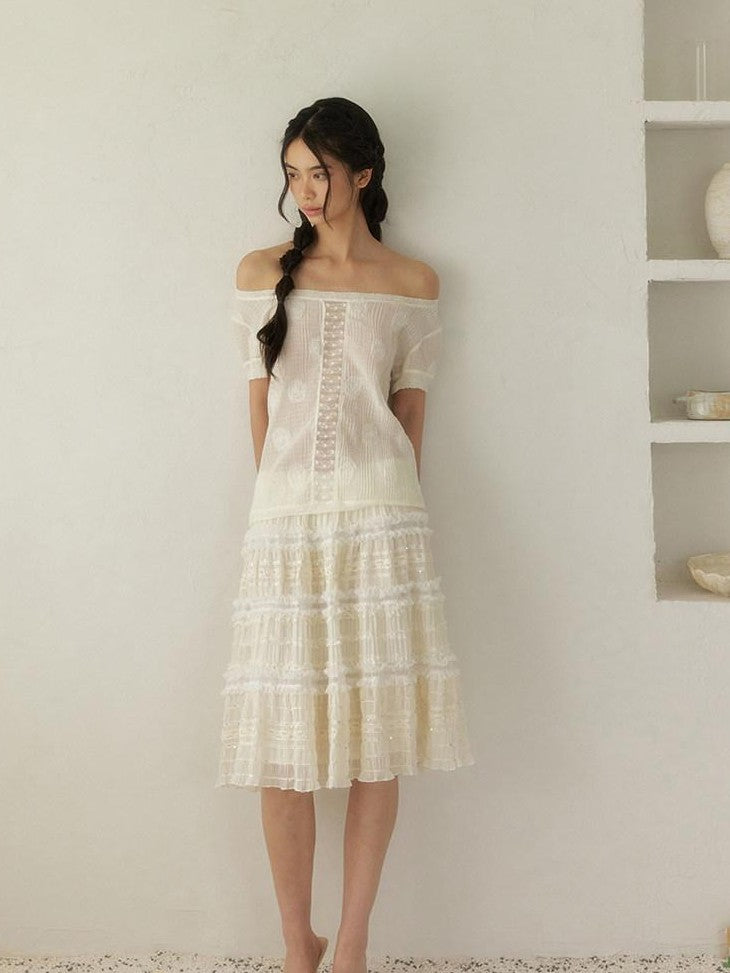 SENSELF Beige Sequin Lace Embroidered Pleated Women's Mixed Fabric A-line Skirts