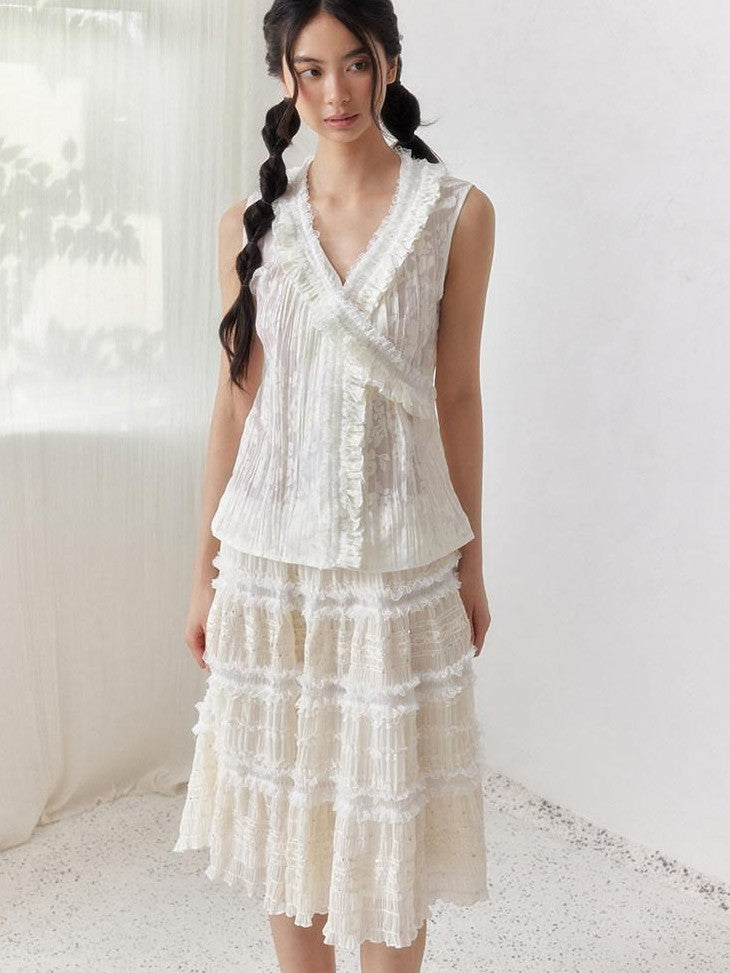 SENSELF Beige Sequin Lace Embroidered Pleated Women's Mixed Fabric A-line Skirts