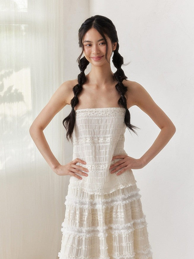 SENSELF Beige Sequin Lace Embroidered Pleated Women's Mixed Fabric A-line Skirts
