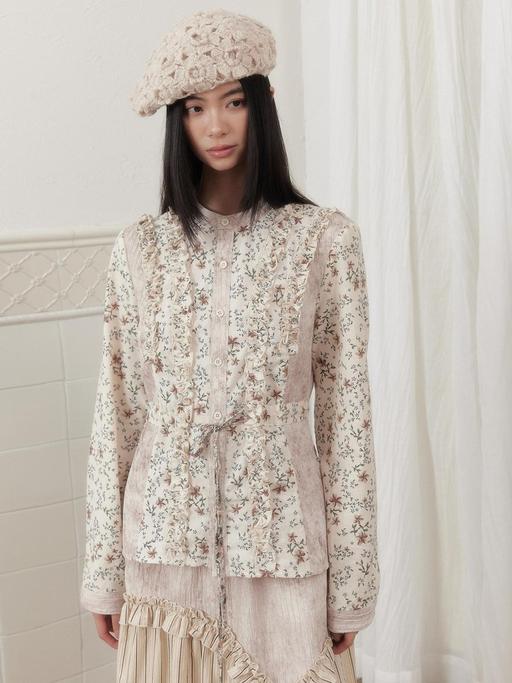 SENSELF Beige Striped Floral Patchwork Waist Cinch Slim Fit Women's Shirts