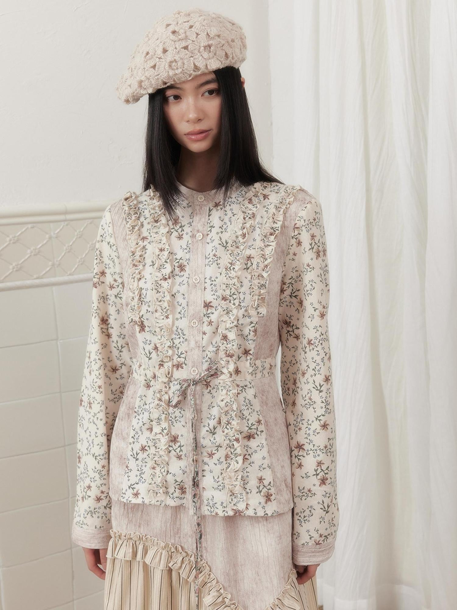 SENSELF Beige Striped Floral Patchwork Waist Cinch Slim Fit Women's Shirts