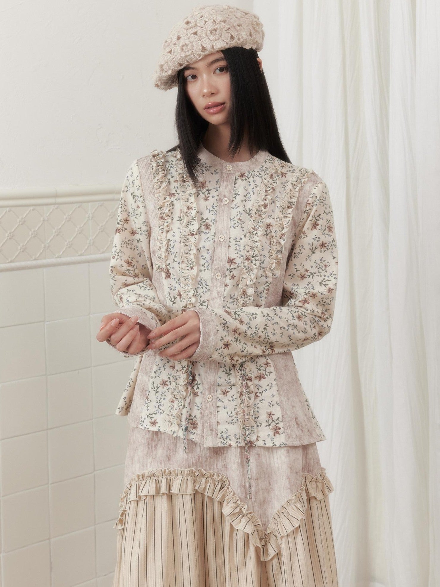 SENSELF Beige Striped Floral Patchwork Waist Cinch Slim Fit Women's Shirts