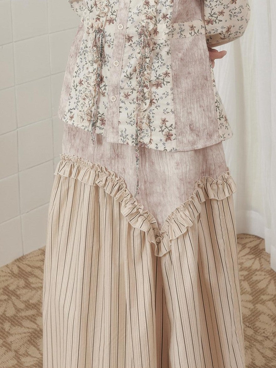SENSELF Beige Striped Floral Patchwork Waist Cinch Slim Fit Women's Shirts