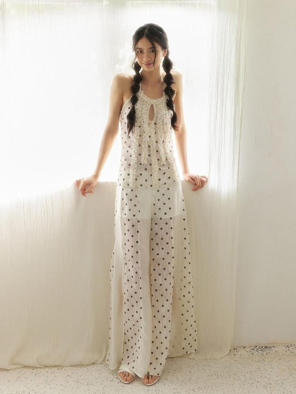 SENSELF Beige Vintage Polka Dot Irregular Patchwork Waist Slit Women's Wide-leg Pants