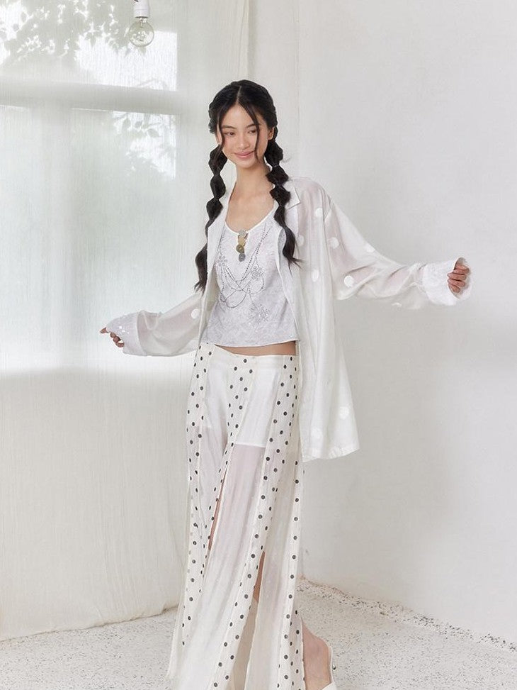SENSELF Beige Vintage Polka Dot Irregular Patchwork Waist Slit Women's Wide-leg Pants