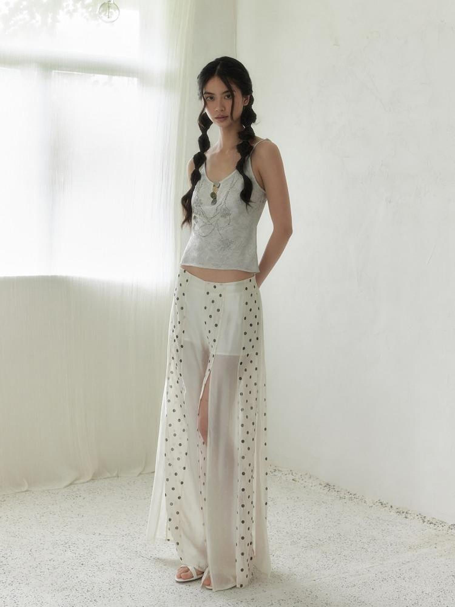 SENSELF Beige Vintage Polka Dot Irregular Patchwork Waist Slit Women's Wide-leg Pants
