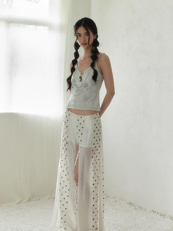 SENSELF Beige Vintage Polka Dot Irregular Patchwork Waist Slit Women's Wide-leg Pants