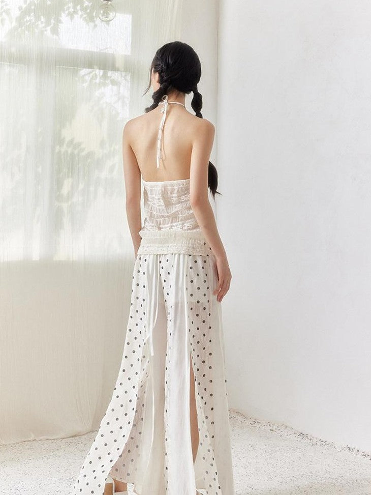 SENSELF Beige Vintage Polka Dot Irregular Patchwork Waist Slit Women's Wide-leg Pants