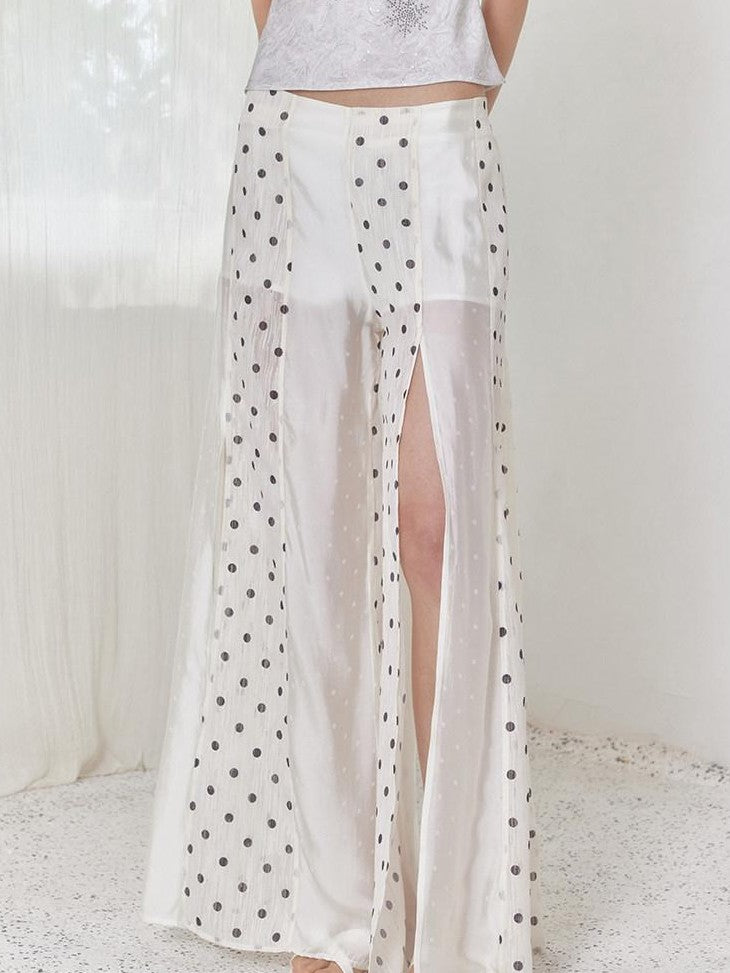 SENSELF Beige Vintage Polka Dot Irregular Patchwork Waist Slit Women's Wide-leg Pants