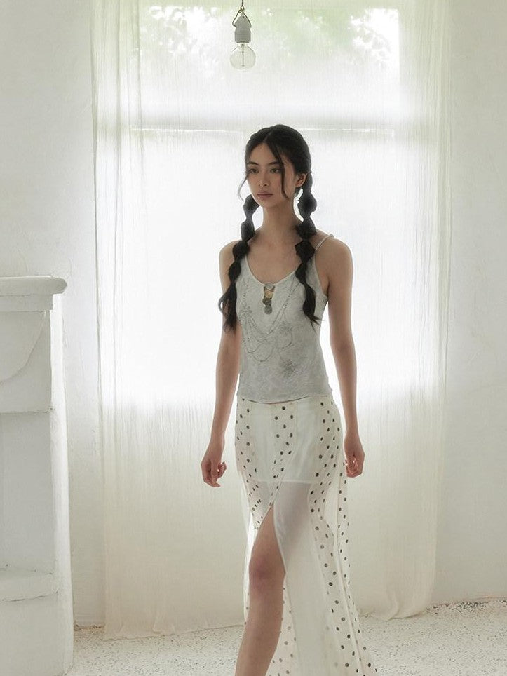 SENSELF Beige Vintage Polka Dot Irregular Patchwork Waist Slit Women's Wide-leg Pants