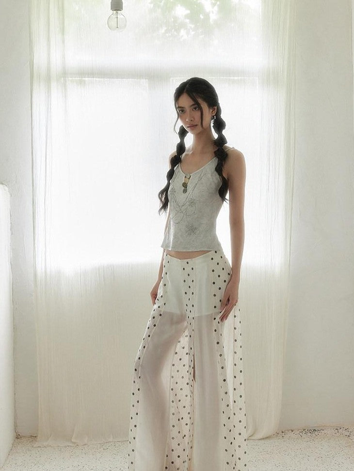 SENSELF Beige Vintage Polka Dot Irregular Patchwork Waist Slit Women's Wide-leg Pants