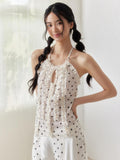 SENSELF Beige Vintage Polka Dot Lace Splice Cutout Women's Other Fabric Halter Tops