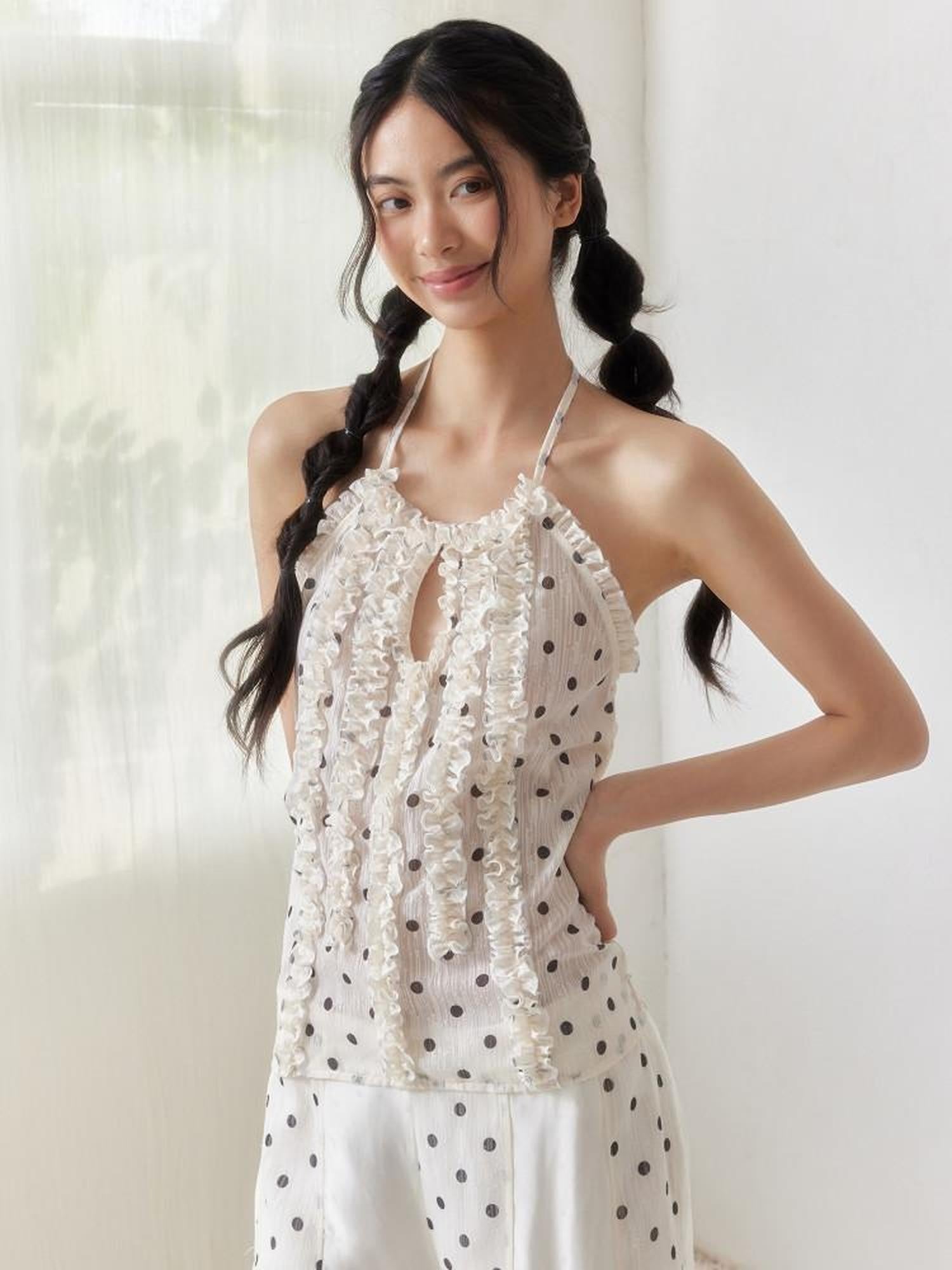 SENSELF Beige Vintage Polka Dot Lace Splice Cutout Women's Other Fabric Halter Tops