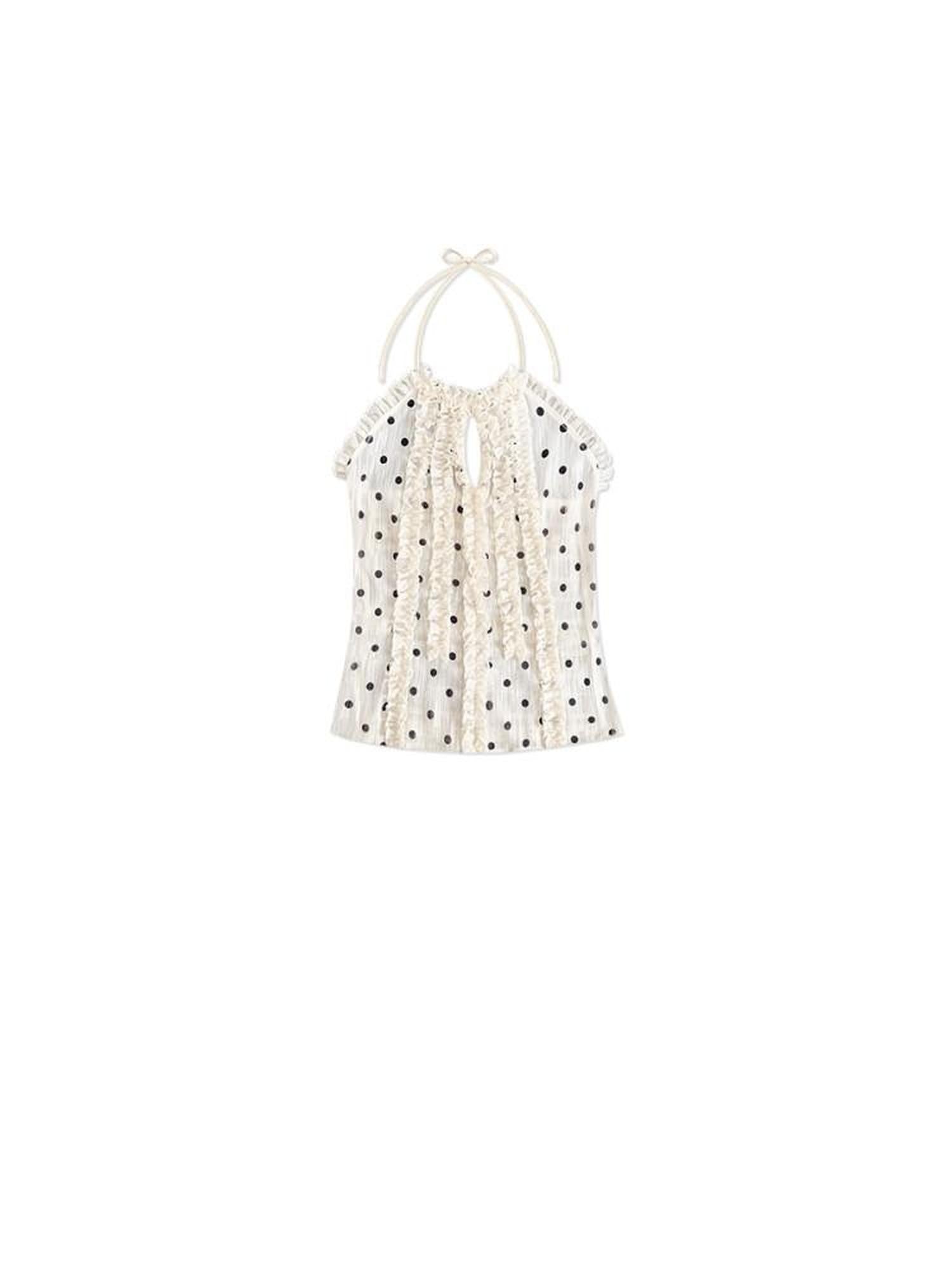 SENSELF Beige Vintage Polka Dot Lace Splice Cutout Women's Other Fabric Halter Tops