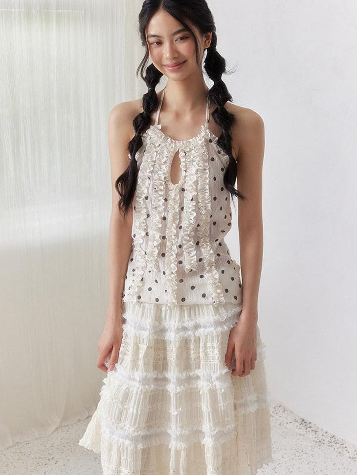 SENSELF Beige Vintage Polka Dot Lace Splice Cutout Women's Other Fabric Halter Tops
