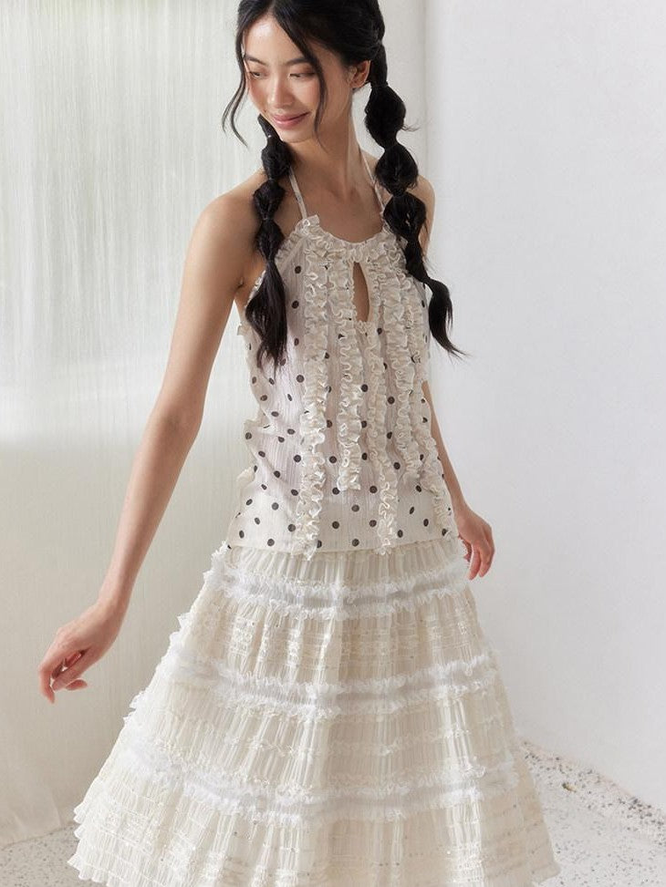 SENSELF Beige Vintage Polka Dot Lace Splice Cutout Women's Other Fabric Halter Tops