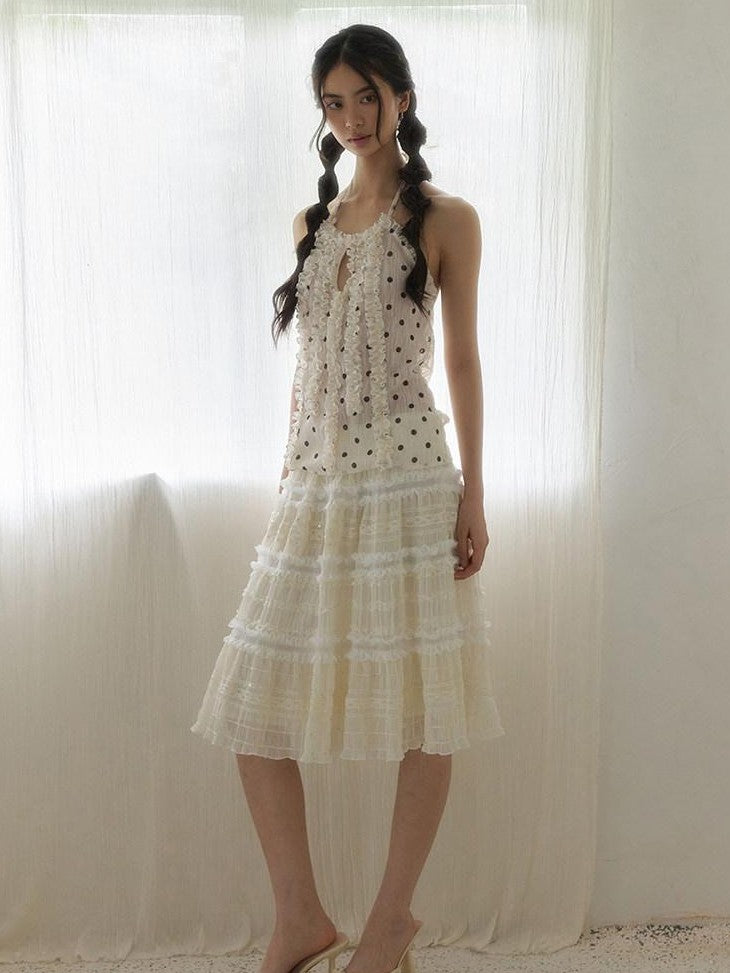 SENSELF Beige Vintage Polka Dot Lace Splice Cutout Women's Other Fabric Halter Tops