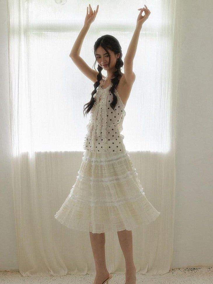 SENSELF Beige Vintage Polka Dot Lace Splice Cutout Women's Other Fabric Halter Tops
