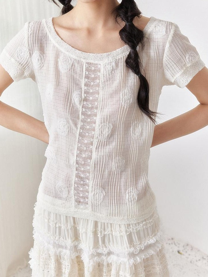 SENSELF Beige Vintage Ruched Floral Patchwork Cutout Women's Off-shoulder T-shirts