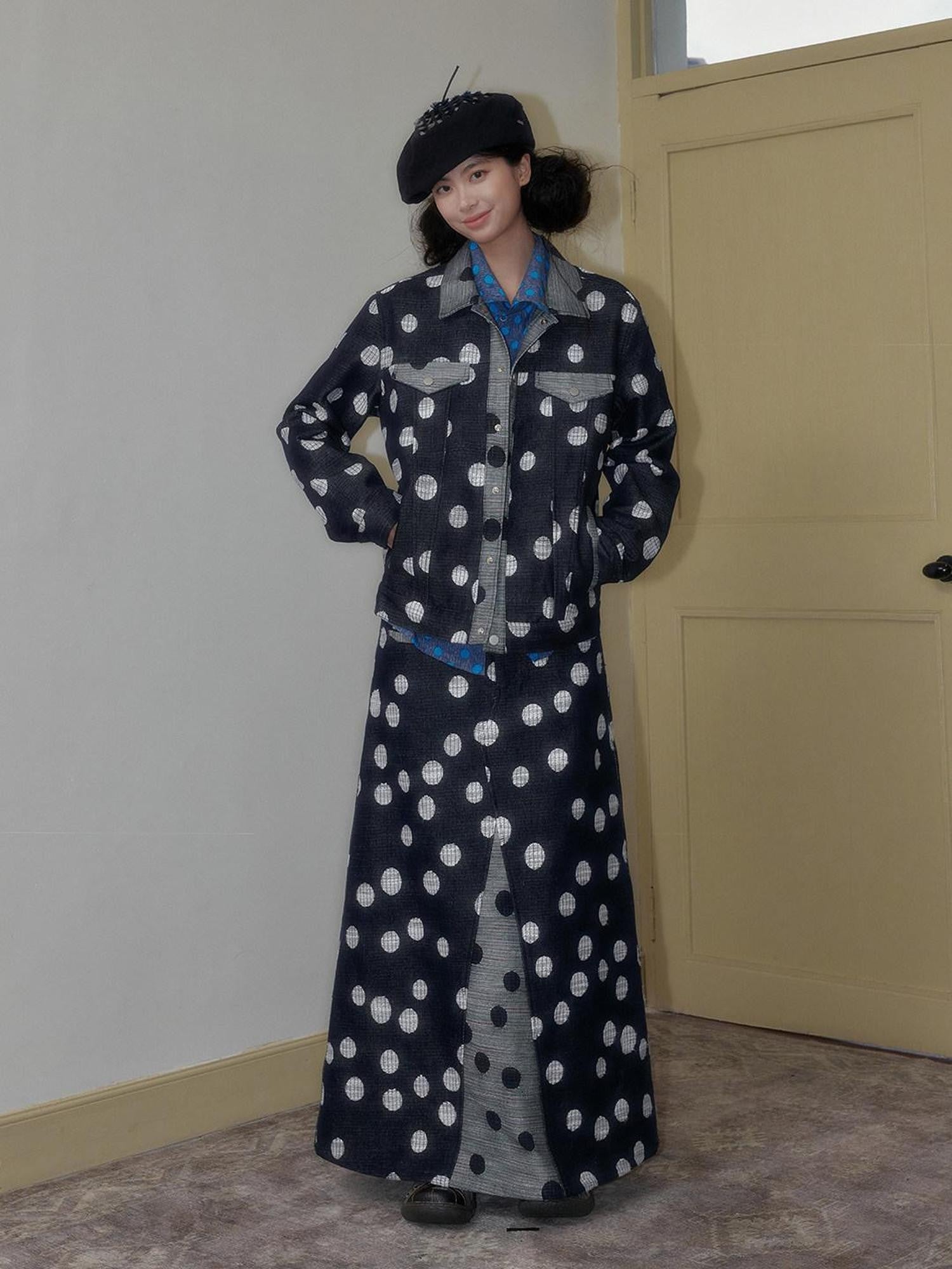 SENSELF Black And Navy Polka Dot A Line Low Waist Women's Denim Maxi Skirts