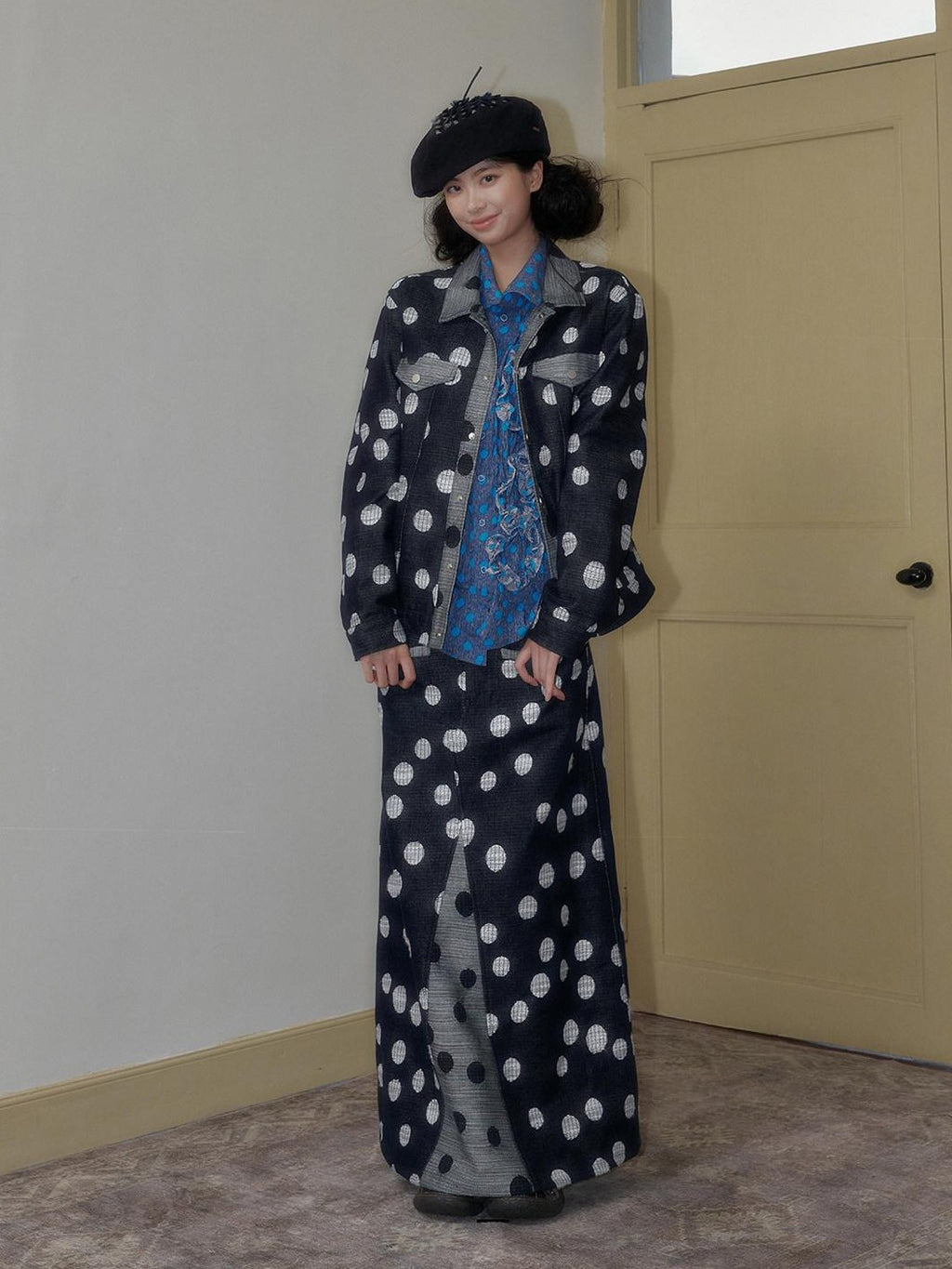 SENSELF Black And Navy Polka Dot A Line Low Waist Women's Denim Maxi Skirts