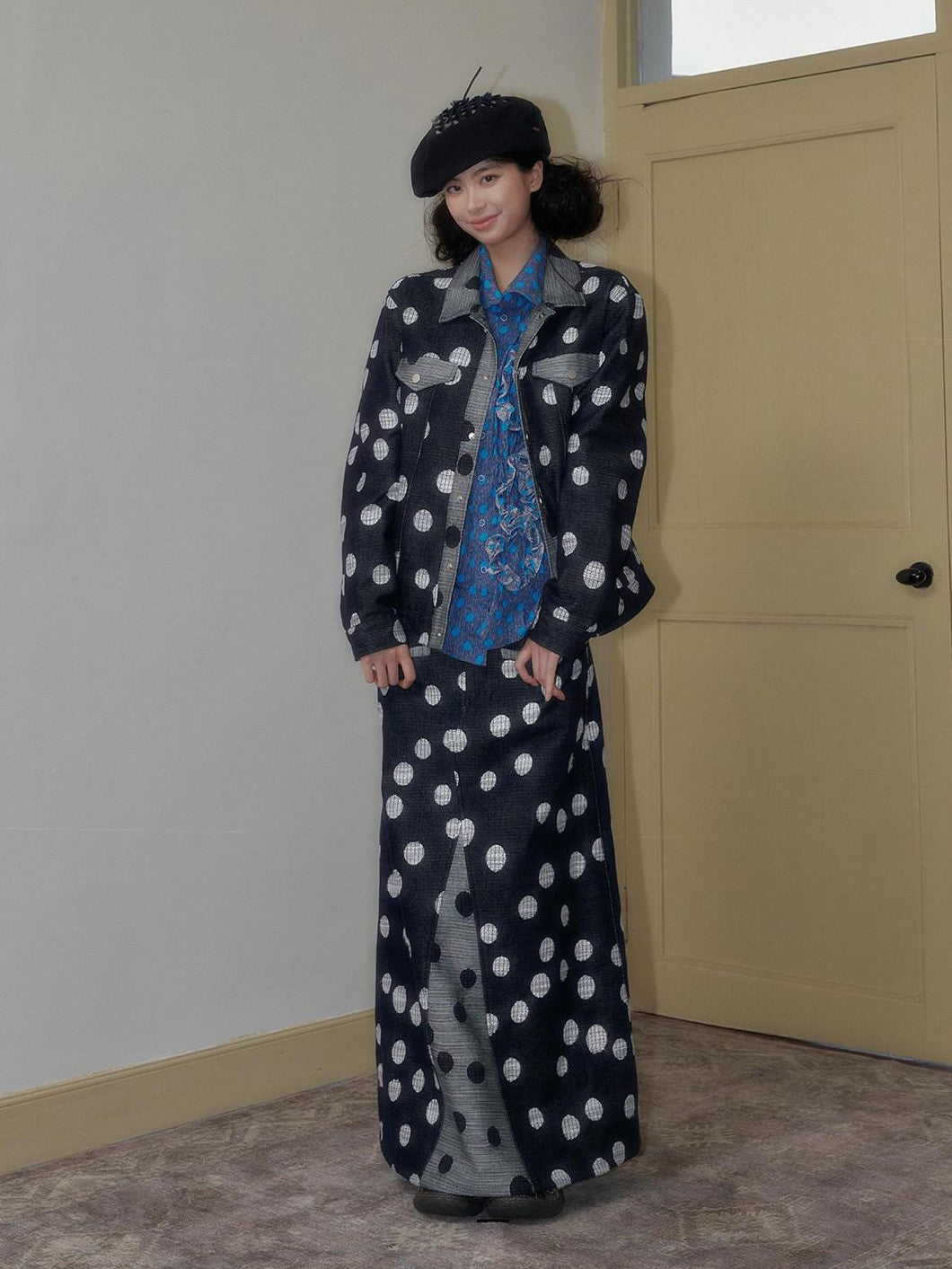SENSELF Black And Navy Polka Dot A Line Low Waist Women's Denim Maxi Skirts