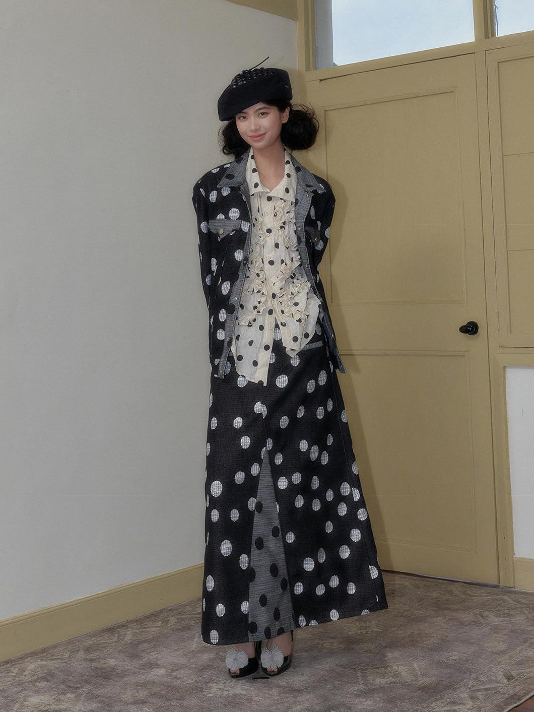 SENSELF Black And Navy Polka Dot A Line Low Waist Women's Denim Maxi Skirts