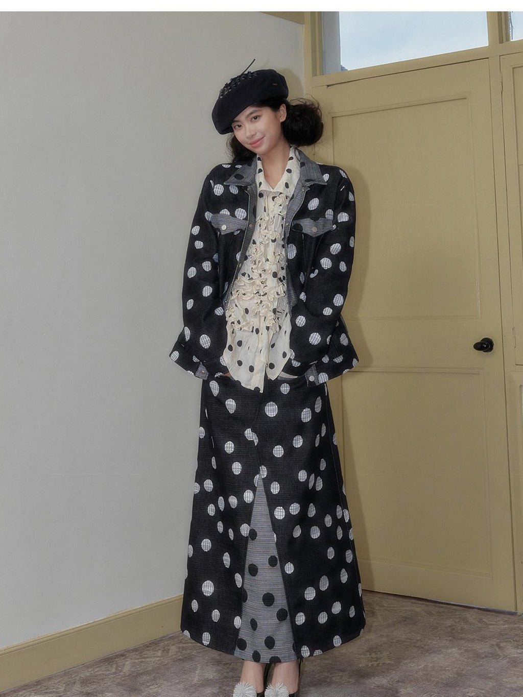 SENSELF Black And Navy Polka Dot A Line Low Waist Women's Denim Maxi Skirts