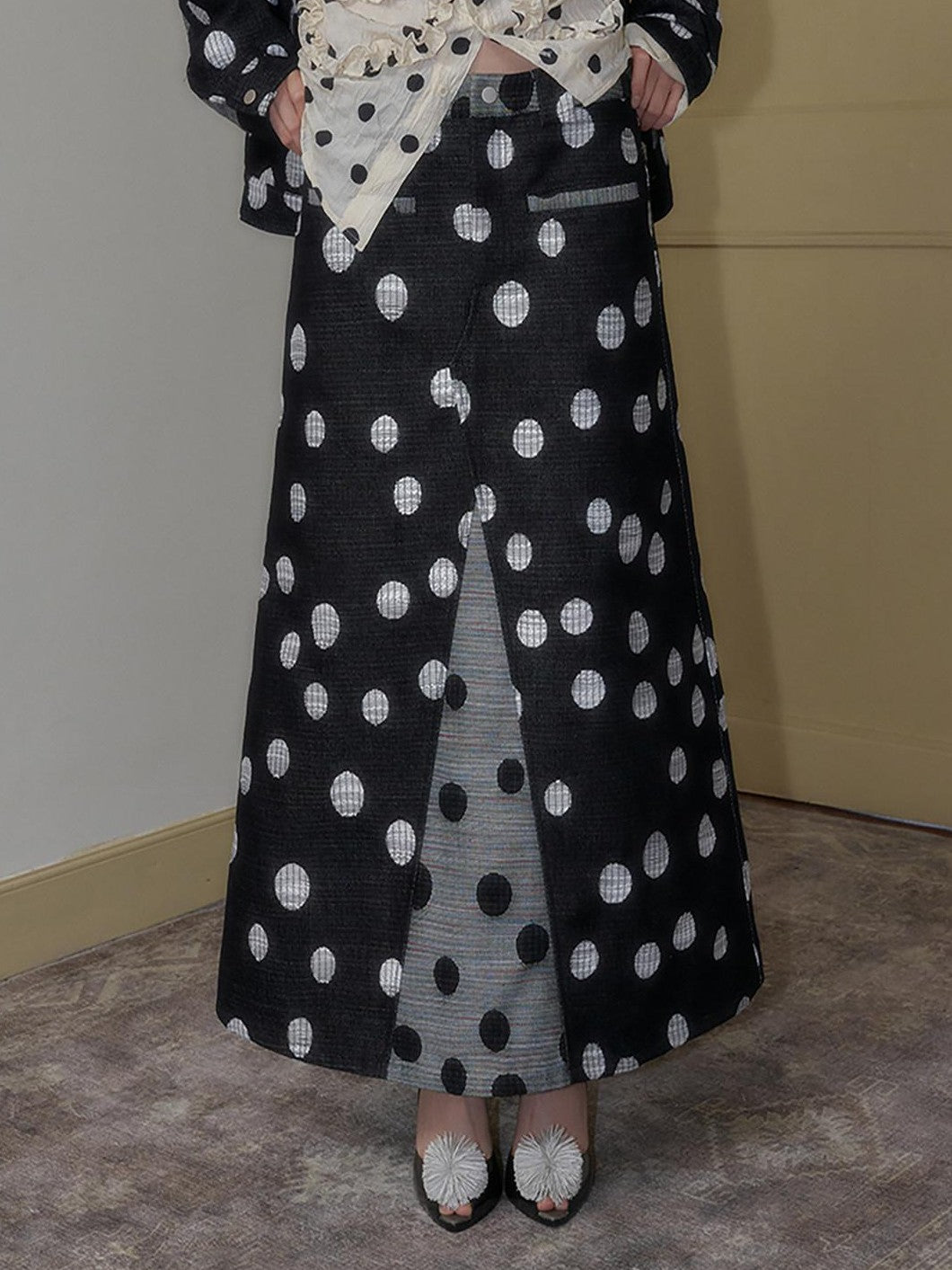 SENSELF Black And Navy Polka Dot A Line Low Waist Women's Denim Maxi Skirts