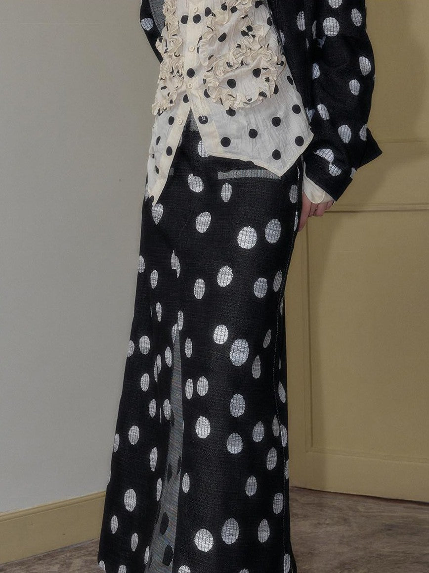 SENSELF Black And Navy Polka Dot A Line Low Waist Women's Denim Maxi Skirts