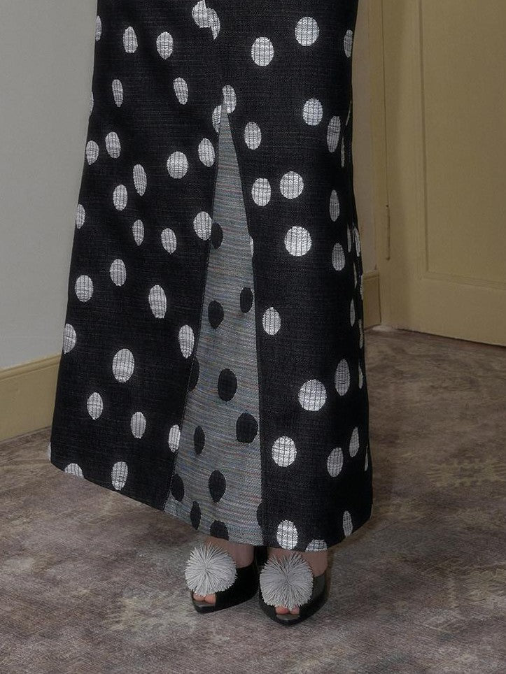 SENSELF Black And Navy Polka Dot A Line Low Waist Women's Denim Maxi Skirts