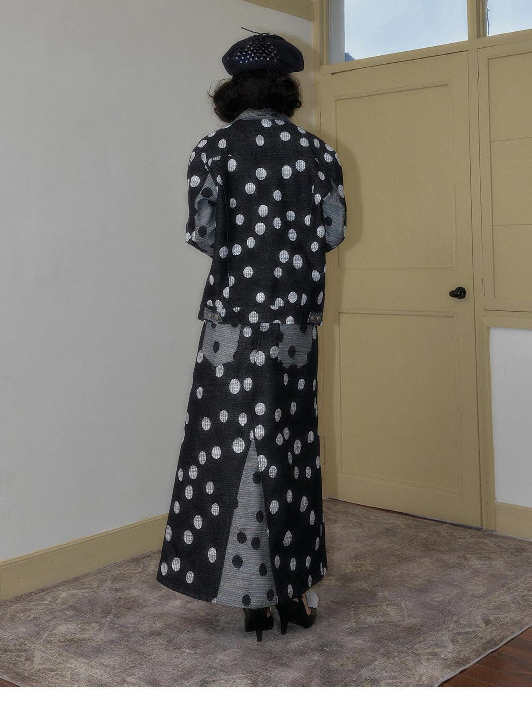 SENSELF Black And Navy Polka Dot A Line Low Waist Women's Denim Maxi Skirts
