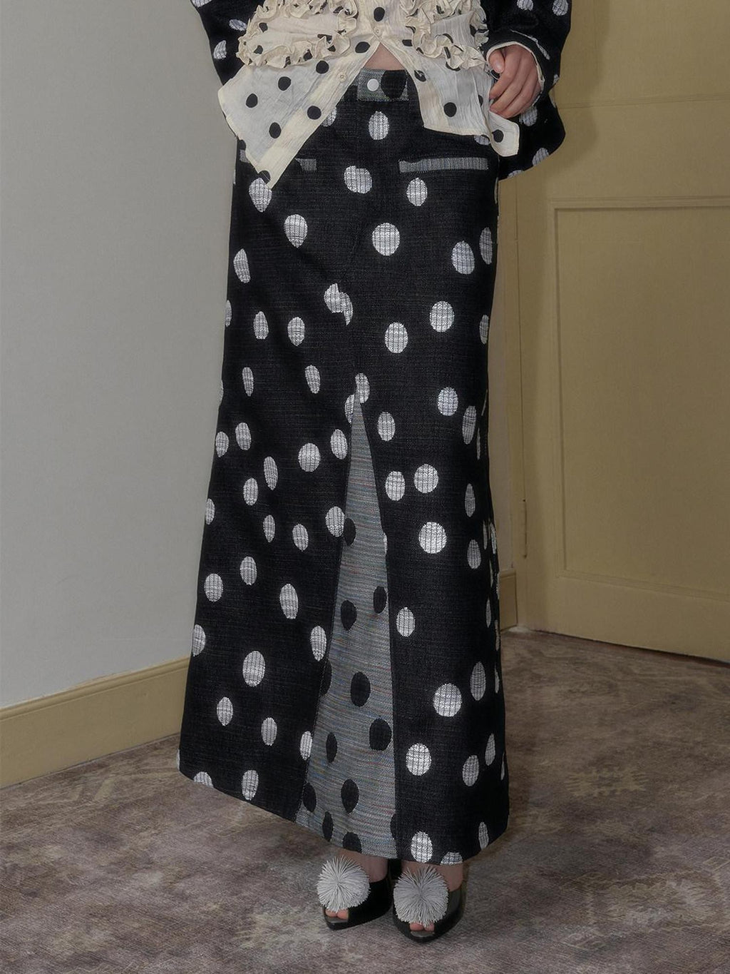 SENSELF Black And Navy Polka Dot A Line Low Waist Women's Denim Maxi Skirts