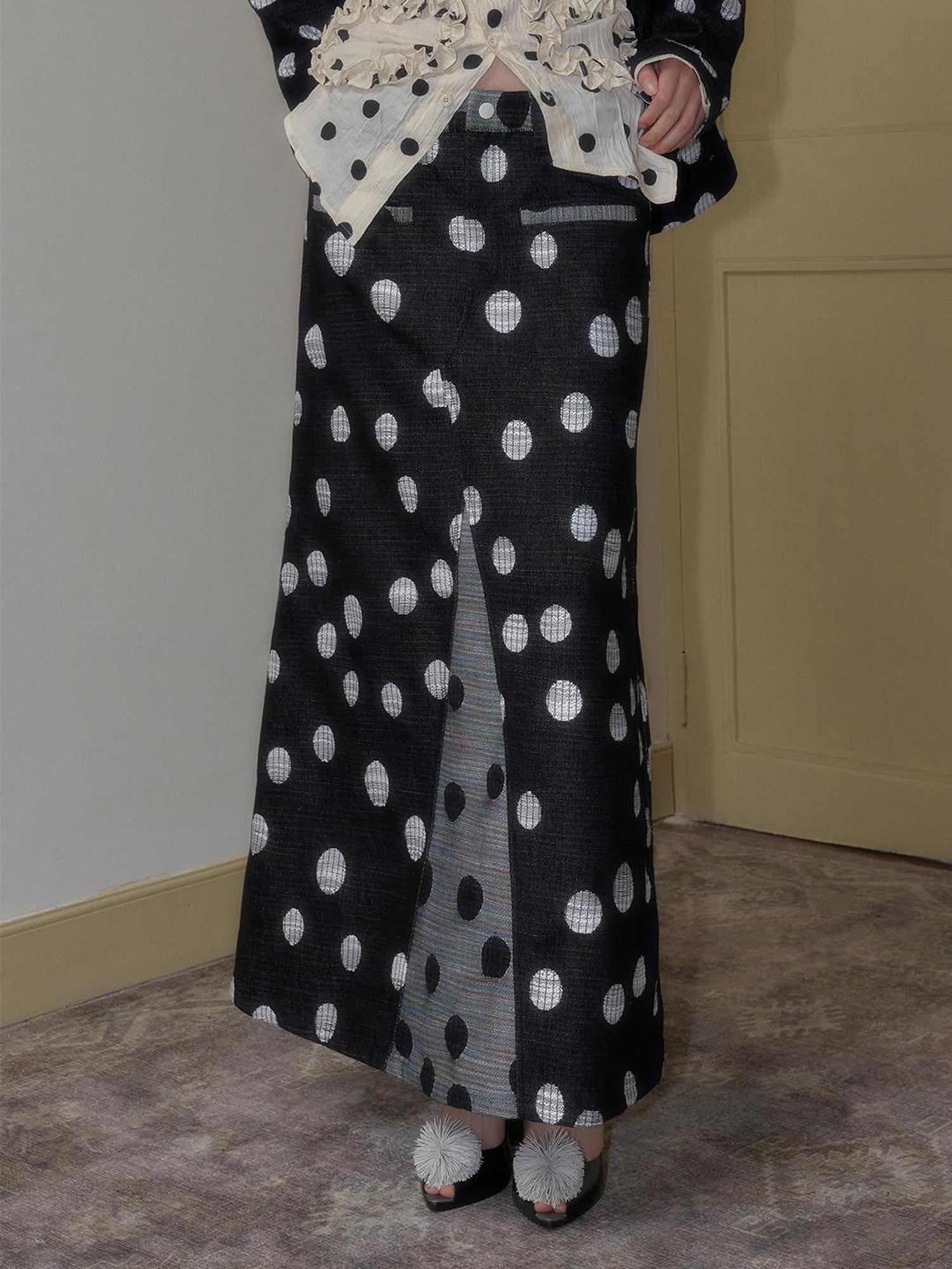 SENSELF Black And Navy Polka Dot A Line Low Waist Women's Denim Maxi Skirts